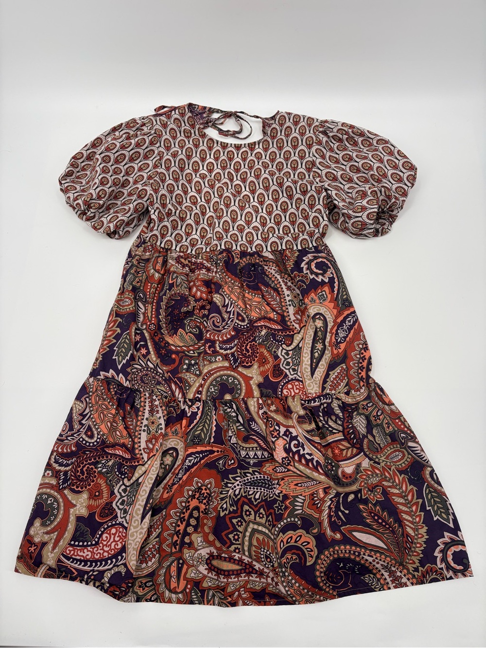 Anthropologie | kachel Kulture Paisley puff sleeve mini Dress - Orange & Purple